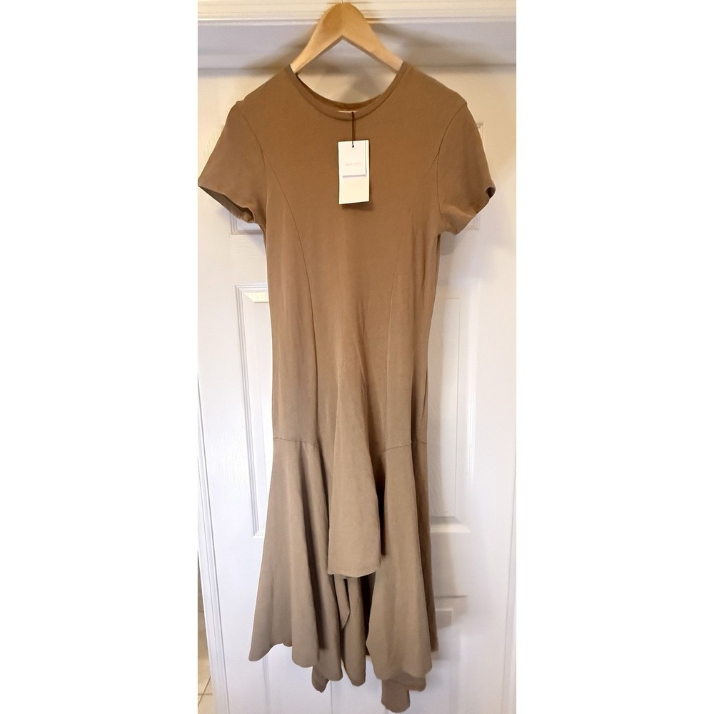 Zara Midi Dress Women S Tan Washed Effect Short Sleeve Asymmetrical Hem